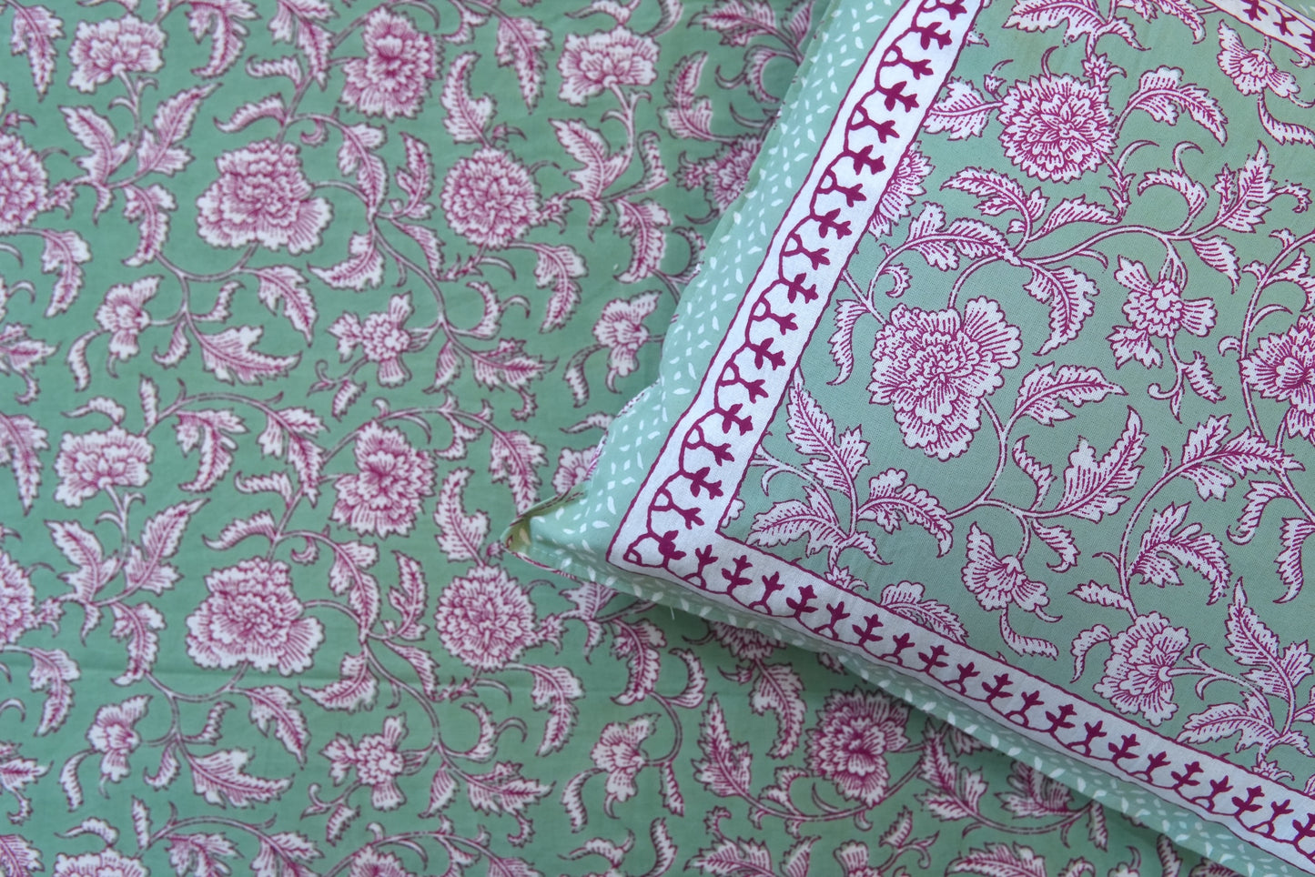 Pastel green with pink florals - Pure cotton King / Queen size double bedsheet