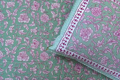 Pastel green with pink florals - Pure cotton King / Queen size double bedsheet