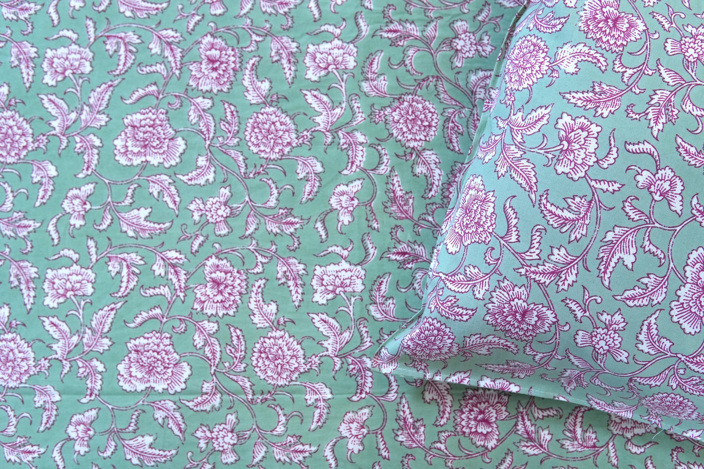 Pastel green with pink florals - Pure cotton King / Queen size double bedsheet