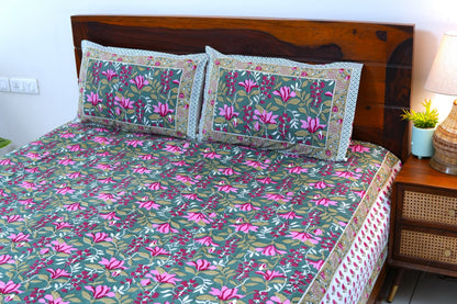 Dense forest with buti border - Pure cotton King / Queen size double bedsheet
