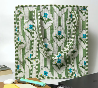 Travel tote bag with zipper closure - Green stripes on white with blue florals