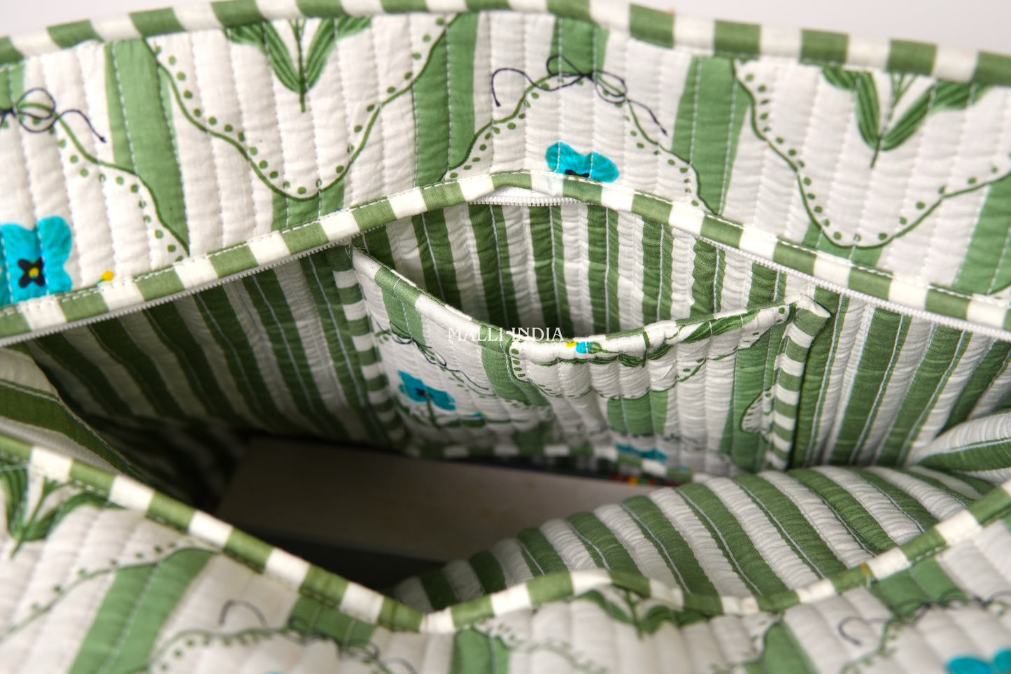 Travel tote bag with zipper closure - Green stripes on white with blue florals