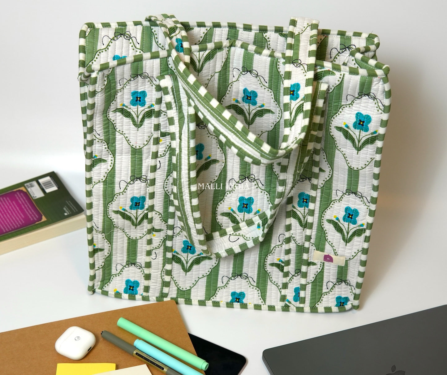 Travel tote bag with zipper closure - Green stripes on white with blue florals