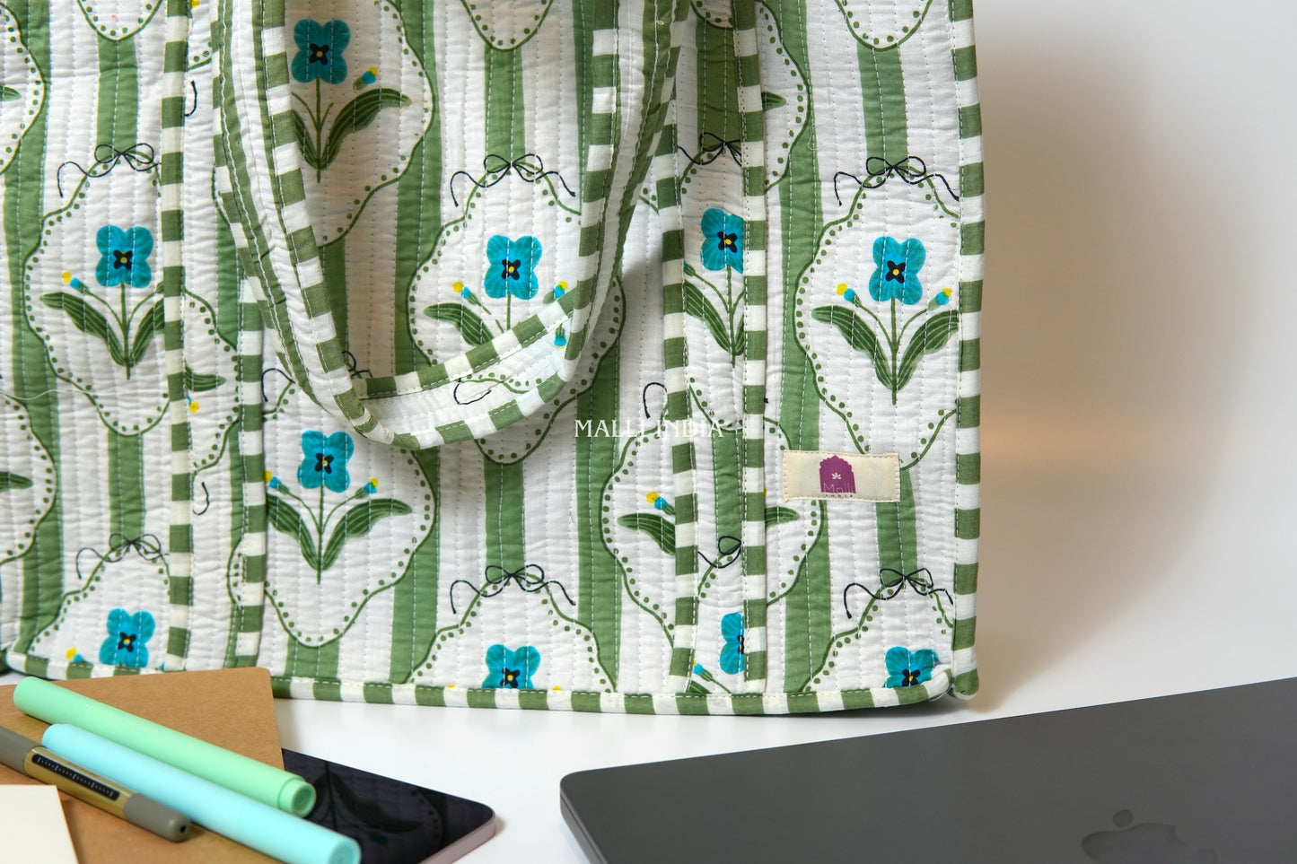 Travel tote bag with zipper closure - Green stripes on white with blue florals