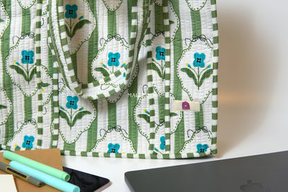 Travel tote bag with zipper closure - Green stripes on white with blue florals