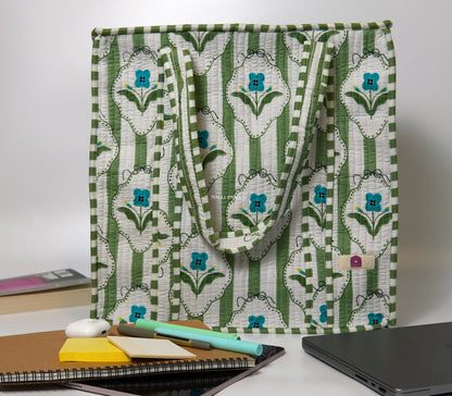 Travel tote bag with zipper closure - Green stripes on white with blue florals
