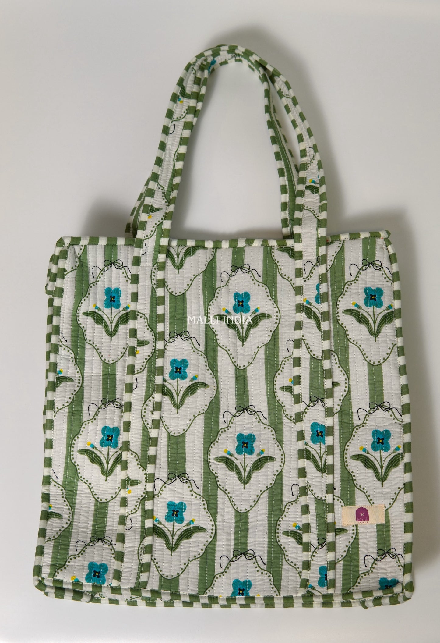 Travel tote bag with zipper closure - Green stripes on white with blue florals