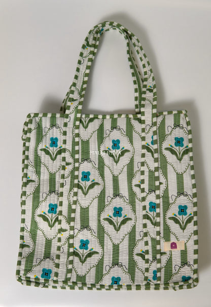 Travel tote bag with zipper closure - Green stripes on white with blue florals