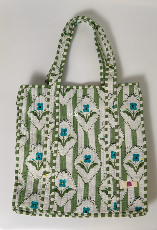 Travel tote bag with zipper closure - Green stripes on white with blue florals