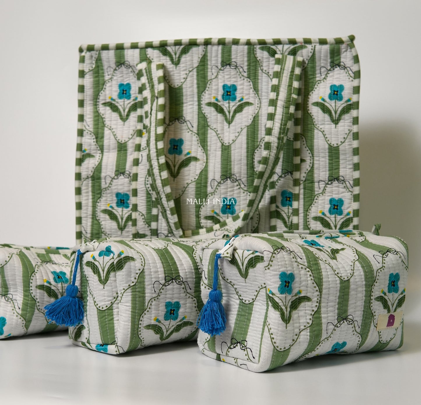 Travel tote bag with zipper closure - Green stripes on white with blue florals