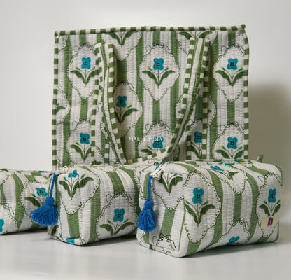 Travel tote bag with zipper closure - Green stripes on white with blue florals