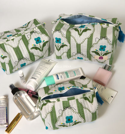 Set of 3 Vanity Pouches - Green stripes on white with blue florals