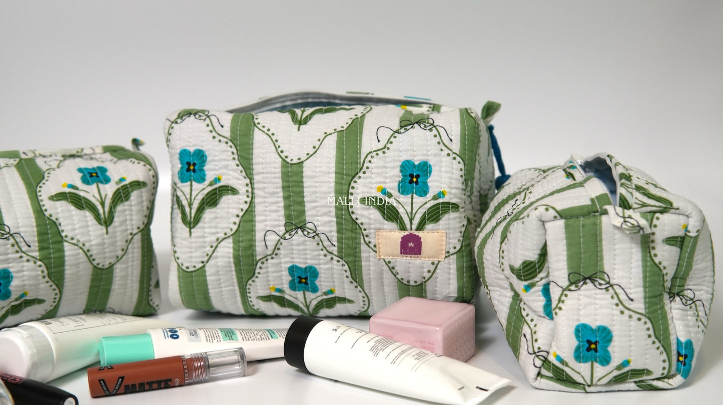 Set of 3 Vanity Pouches - Green stripes on white with blue florals