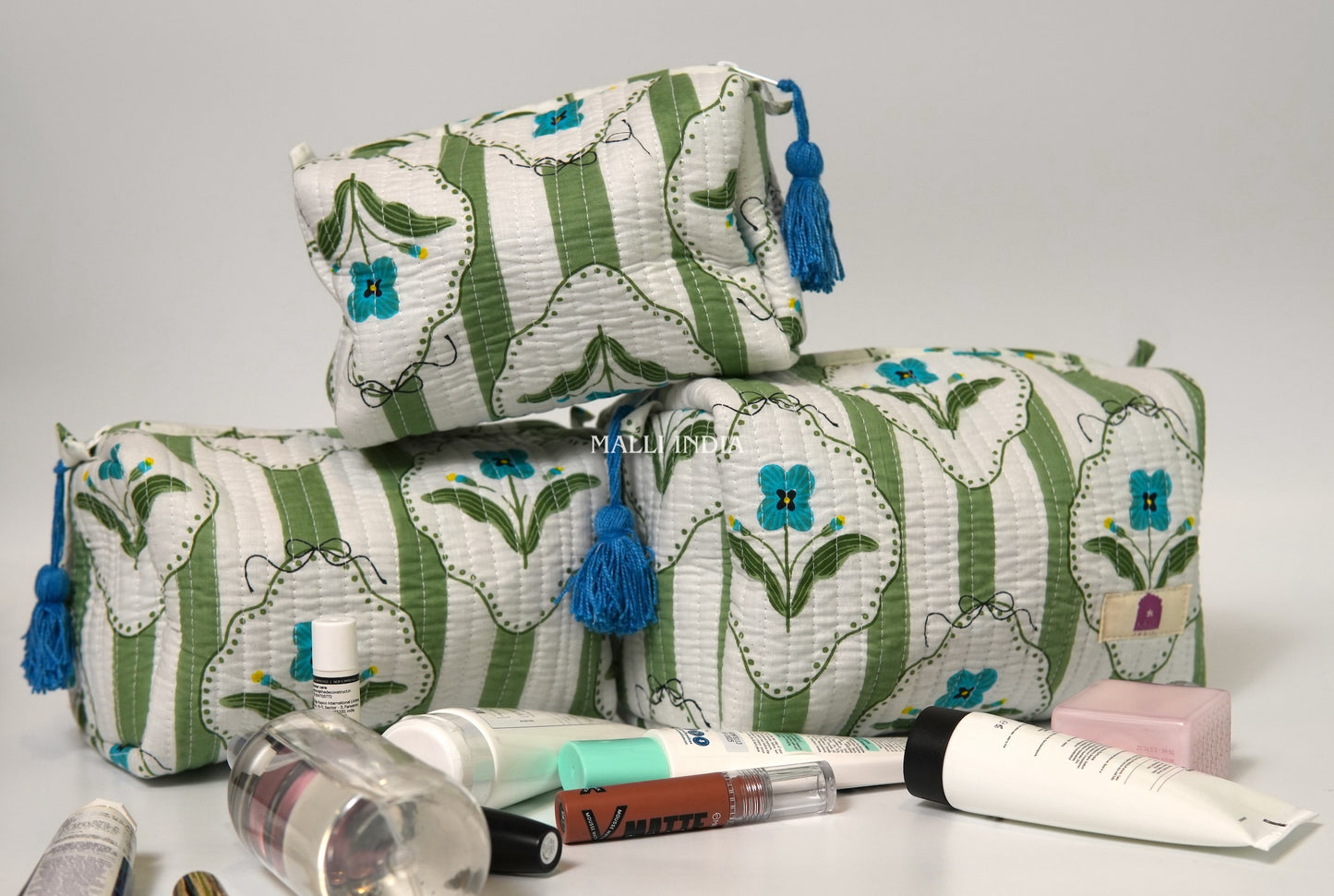 Set of 3 Vanity Pouches - Green stripes on white with blue florals