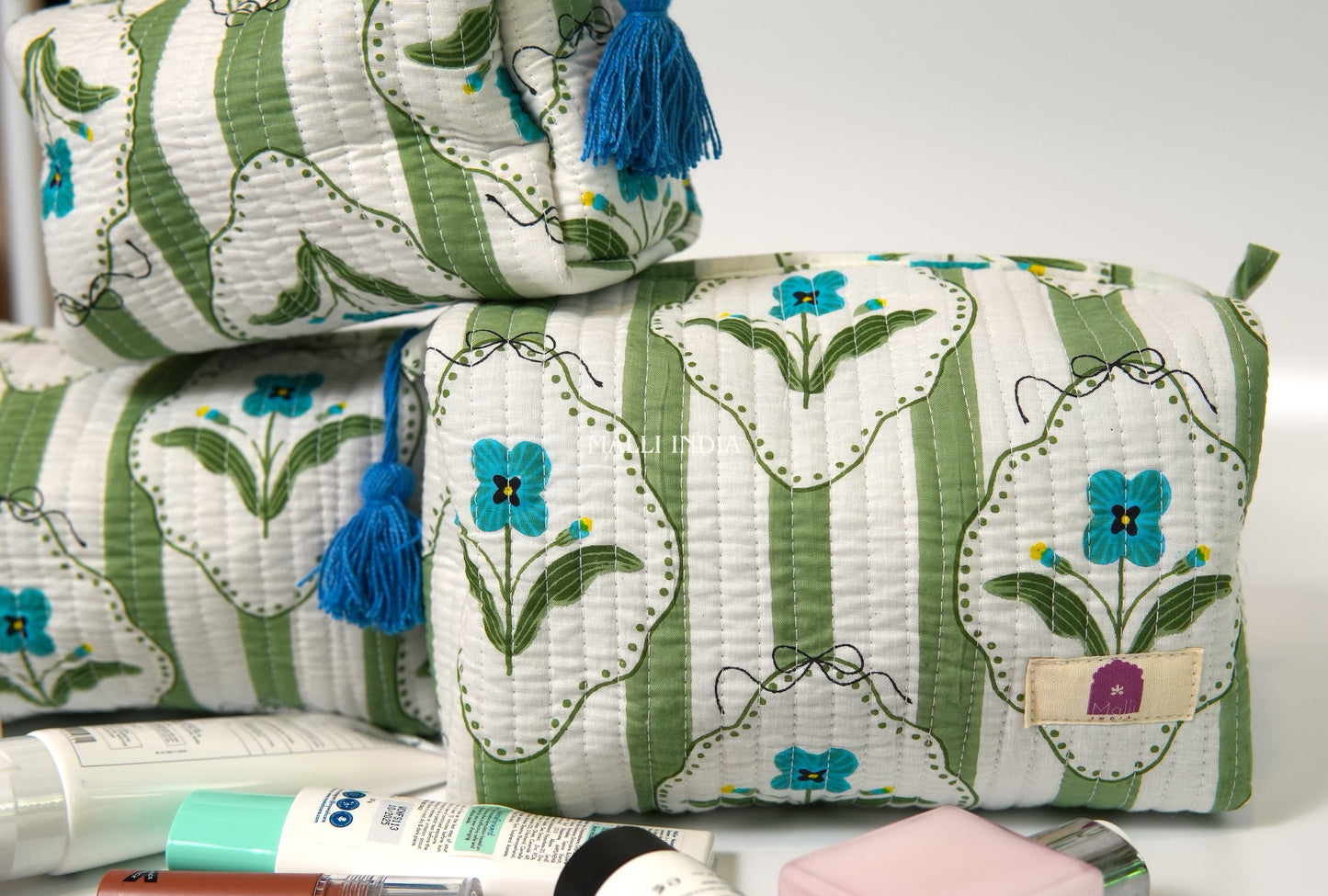 Set of 3 Vanity Pouches - Green stripes on white with blue florals