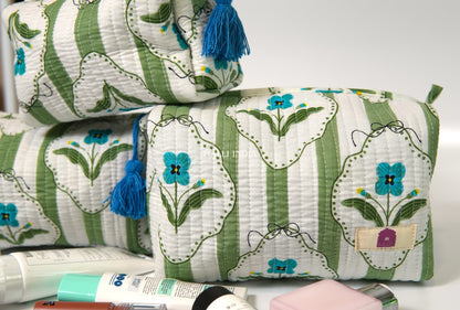 Set of 3 Vanity Pouches - Green stripes on white with blue florals