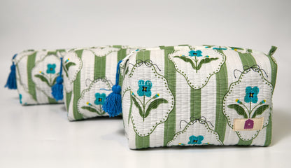 Set of 3 Vanity Pouches - Green stripes on white with blue florals