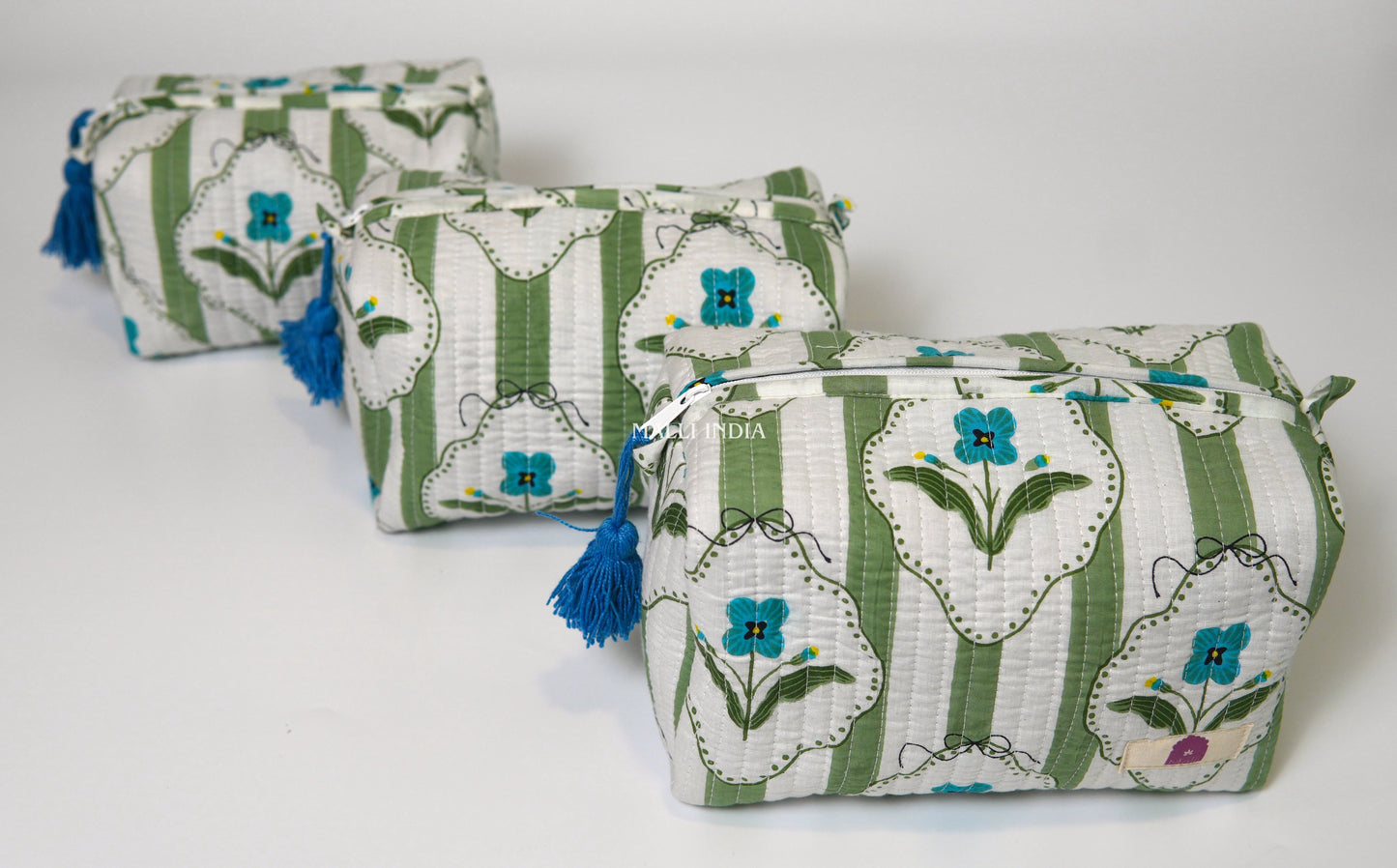 Set of 3 Vanity Pouches - Green stripes on white with blue florals