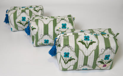Set of 3 Vanity Pouches - Green stripes on white with blue florals
