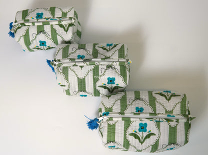 Set of 3 Vanity Pouches - Green stripes on white with blue florals