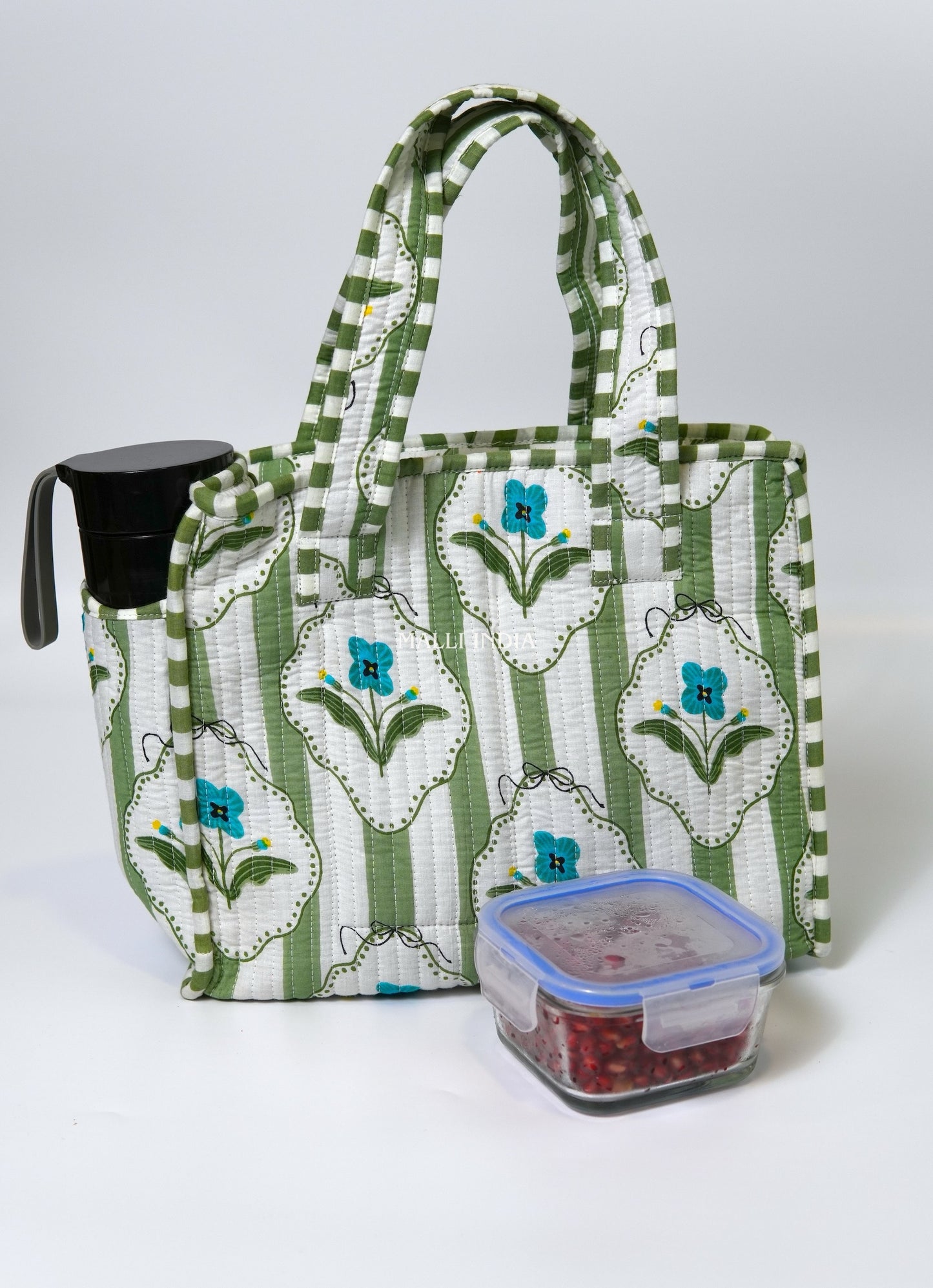 Lunch bag with zipper closure - Green stripes on white with blue florals