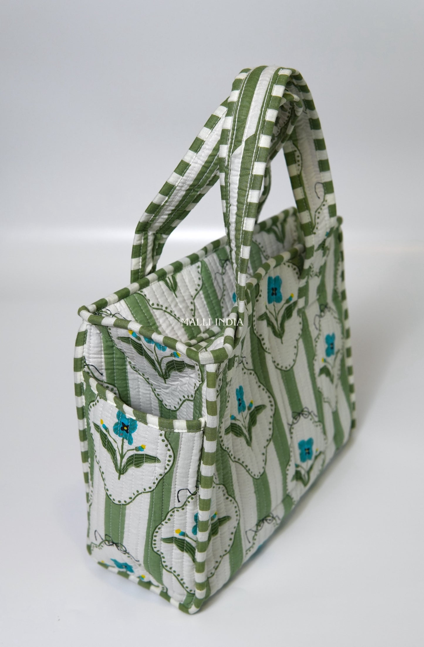 Lunch bag with zipper closure - Green stripes on white with blue florals