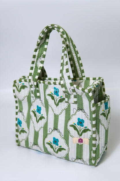 Lunch bag with zipper closure - Green stripes on white with blue florals