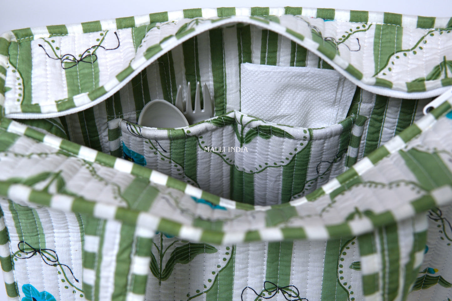 Lunch bag with zipper closure - Green stripes on white with blue florals