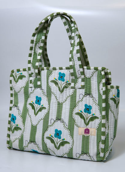 Lunch bag with zipper closure - Green stripes on white with blue florals