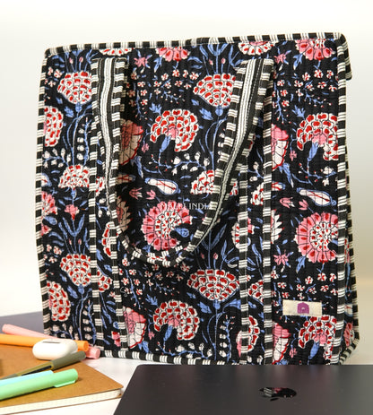 Travel tote bag with zipper closure - Red & blue florals on black in gadh print