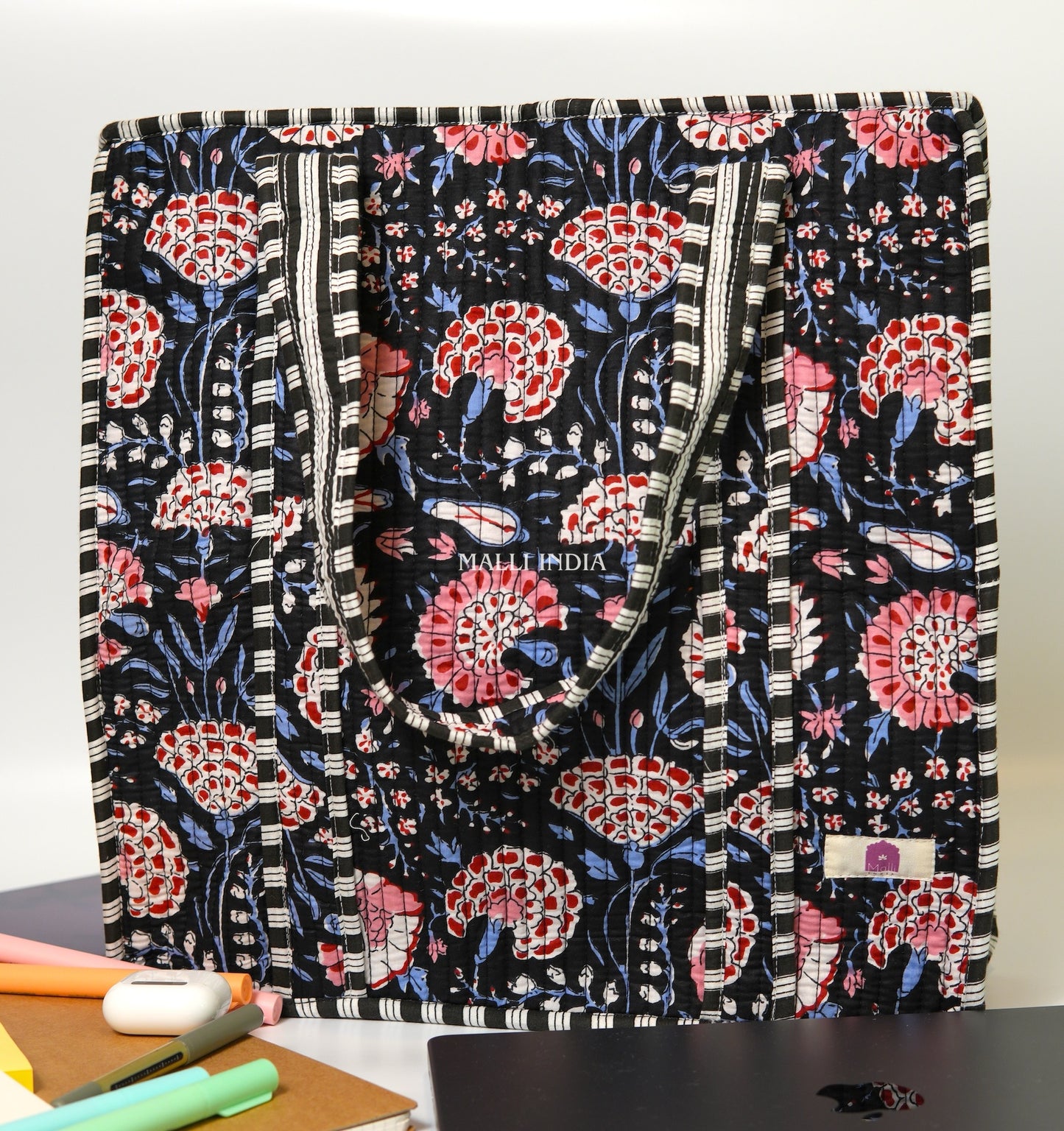 Travel tote bag with zipper closure - Red & blue florals on black in gadh print