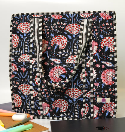 Travel tote bag with zipper closure - Red & blue florals on black in gadh print