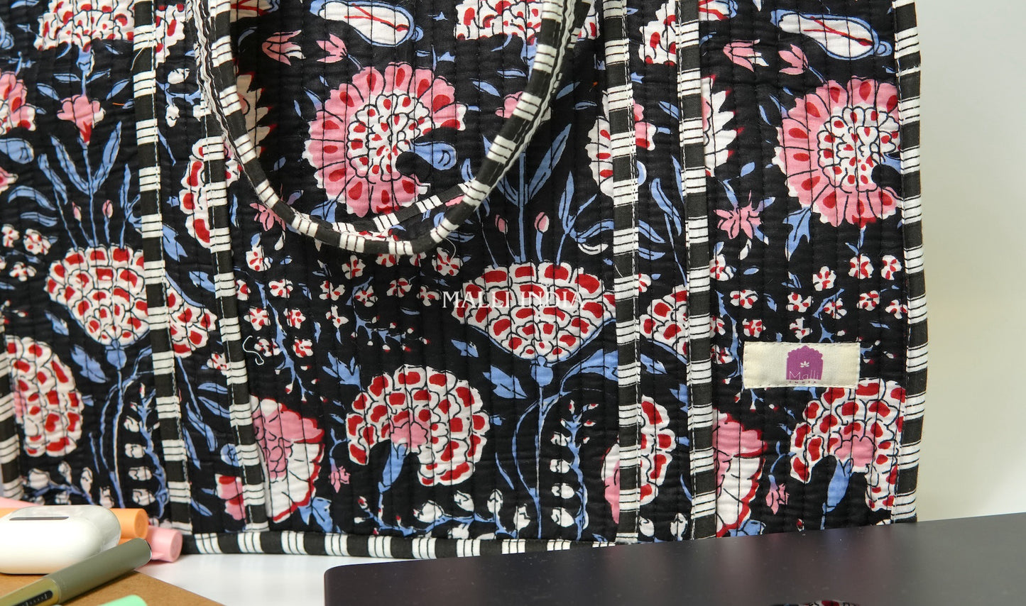 Travel tote bag with zipper closure - Red & blue florals on black in gadh print