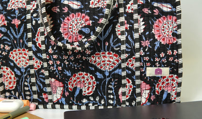 Travel tote bag with zipper closure - Red & blue florals on black in gadh print