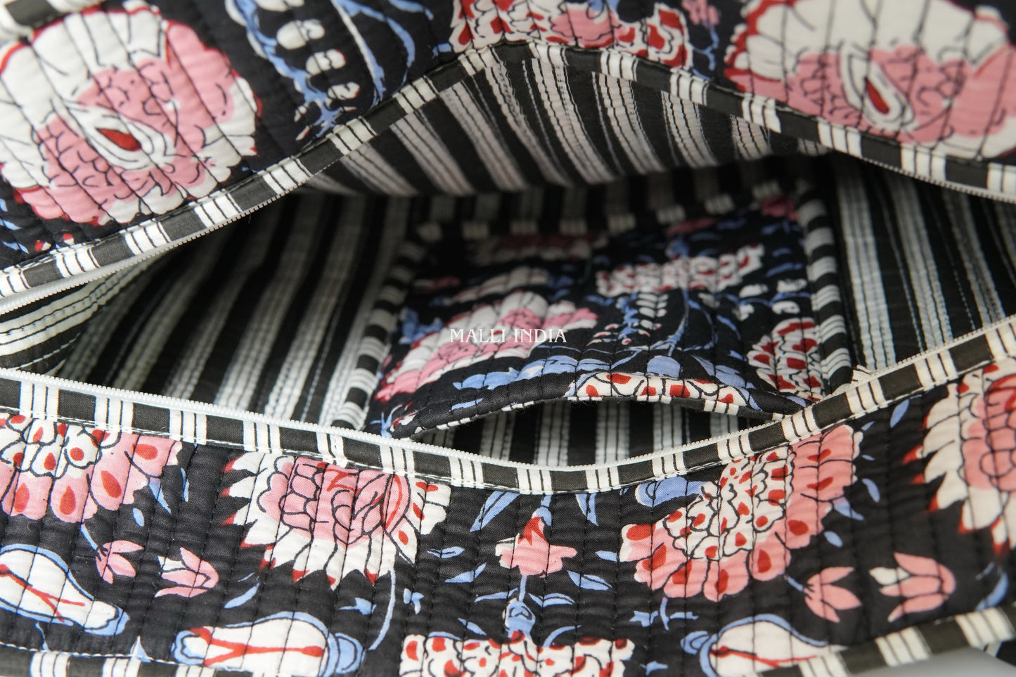 Travel tote bag with zipper closure - Red & blue florals on black in gadh print