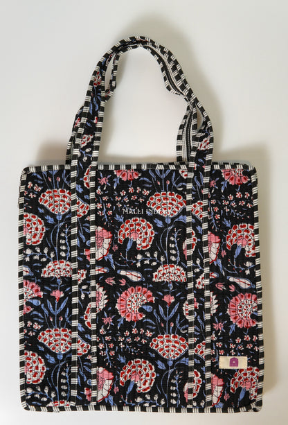 Travel tote bag with zipper closure - Red & blue florals on black in gadh print