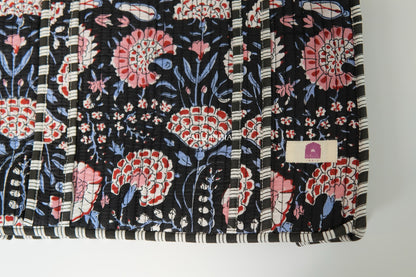 Travel tote bag with zipper closure - Red & blue florals on black in gadh print