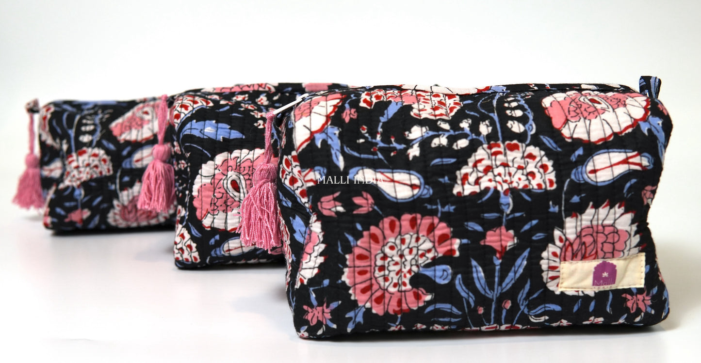 Set of 3 Vanity Pouches - Red & blue florals on black in gadh print