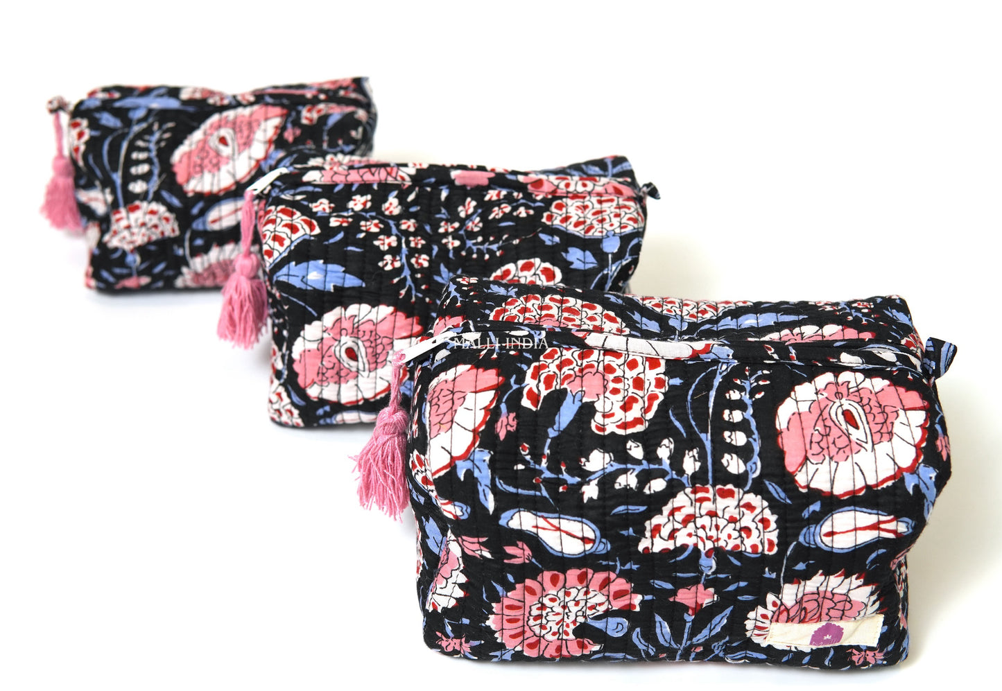Set of 3 Vanity Pouches - Red & blue florals on black in gadh print