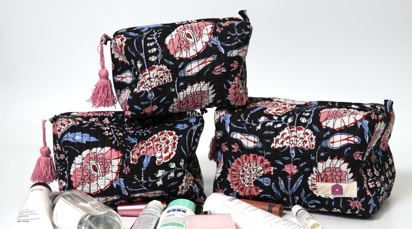 Set of 3 Vanity Pouches - Red & blue florals on black in gadh print