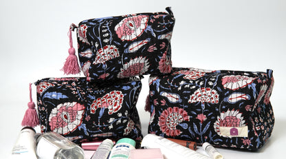 Set of 3 Vanity Pouches - Red & blue florals on black in gadh print