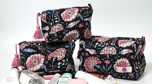 Set of 3 Vanity Pouches - Red & blue florals on black in gadh print