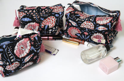 Set of 3 Vanity Pouches - Red & blue florals on black in gadh print