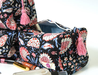 Set of 3 Vanity Pouches - Red & blue florals on black in gadh print