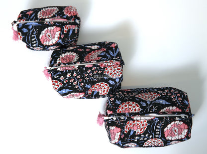 Set of 3 Vanity Pouches - Red & blue florals on black in gadh print