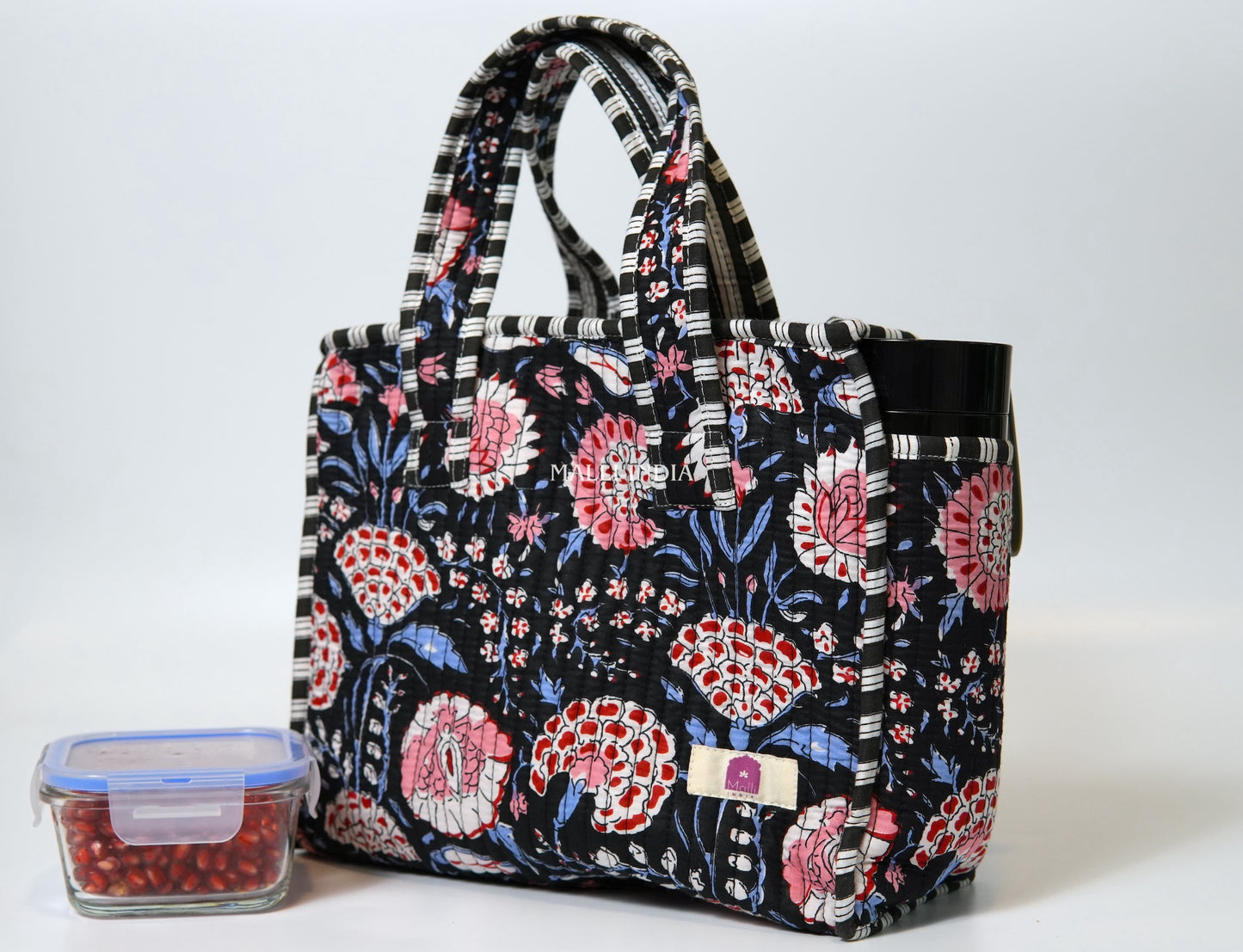 Lunch bag with zipper closure - Red & blue florals on black in gadh print