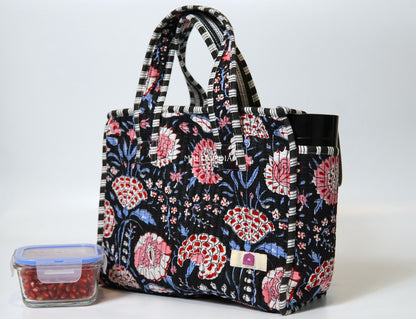 Lunch bag with zipper closure - Red & blue florals on black in gadh print