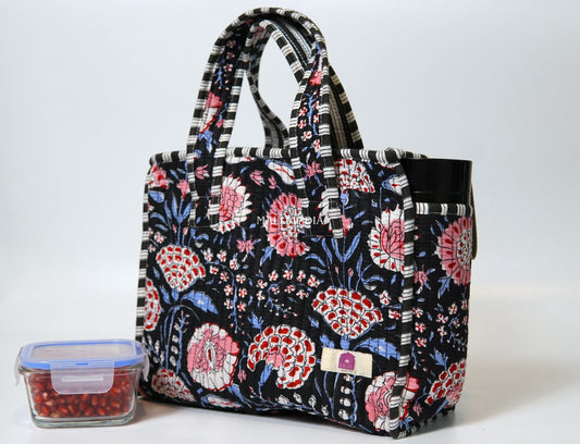 Lunch bag with zipper closure - Red & blue florals on black in gadh print