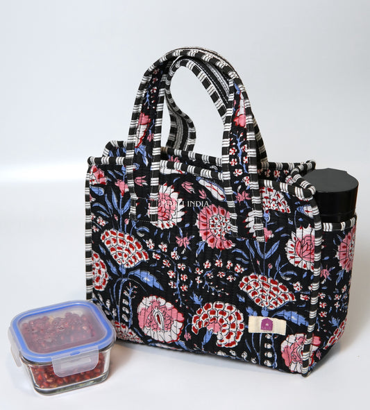 Lunch bag with zipper closure - Red & blue florals on black in gadh print