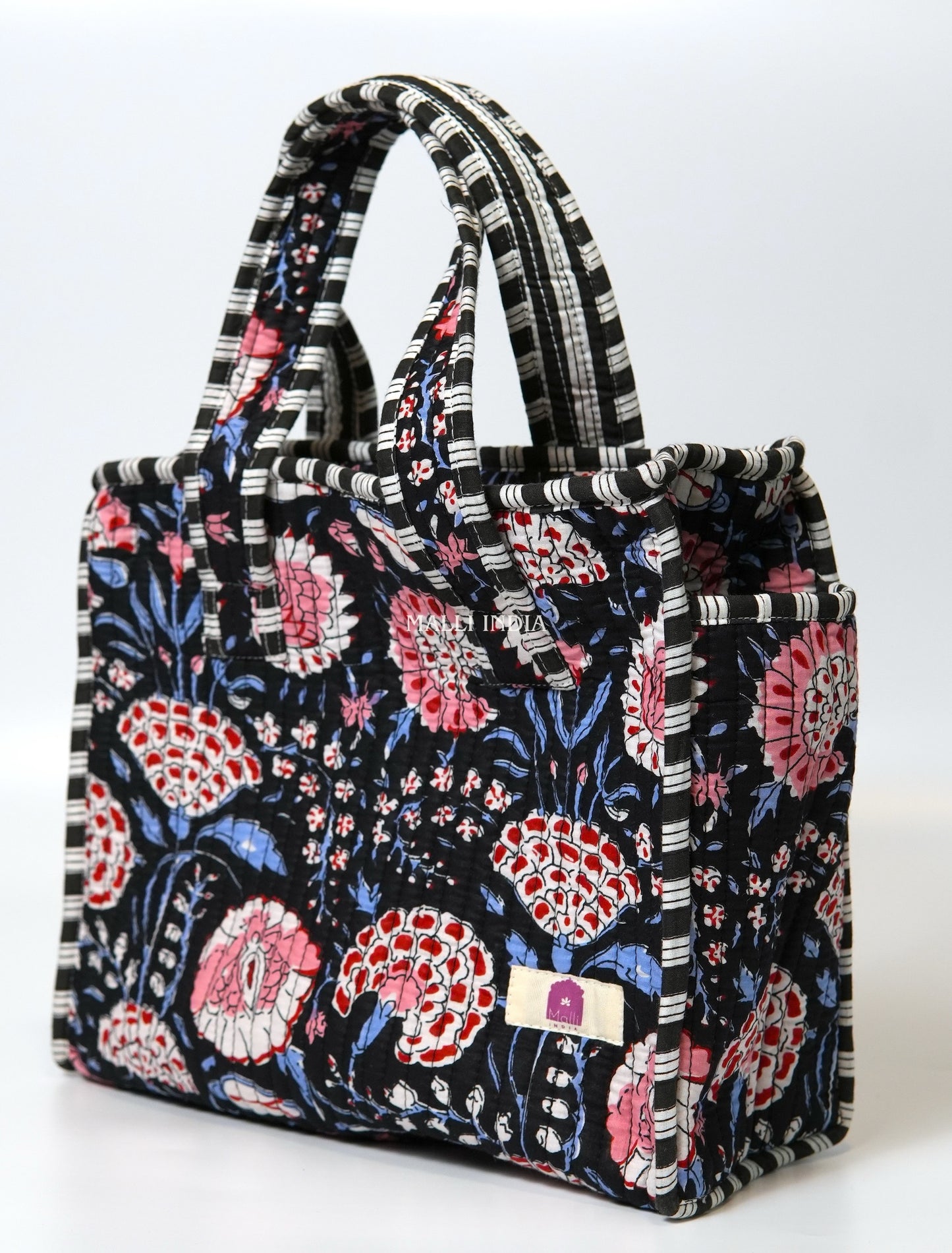 Lunch bag with zipper closure - Red & blue florals on black in gadh print